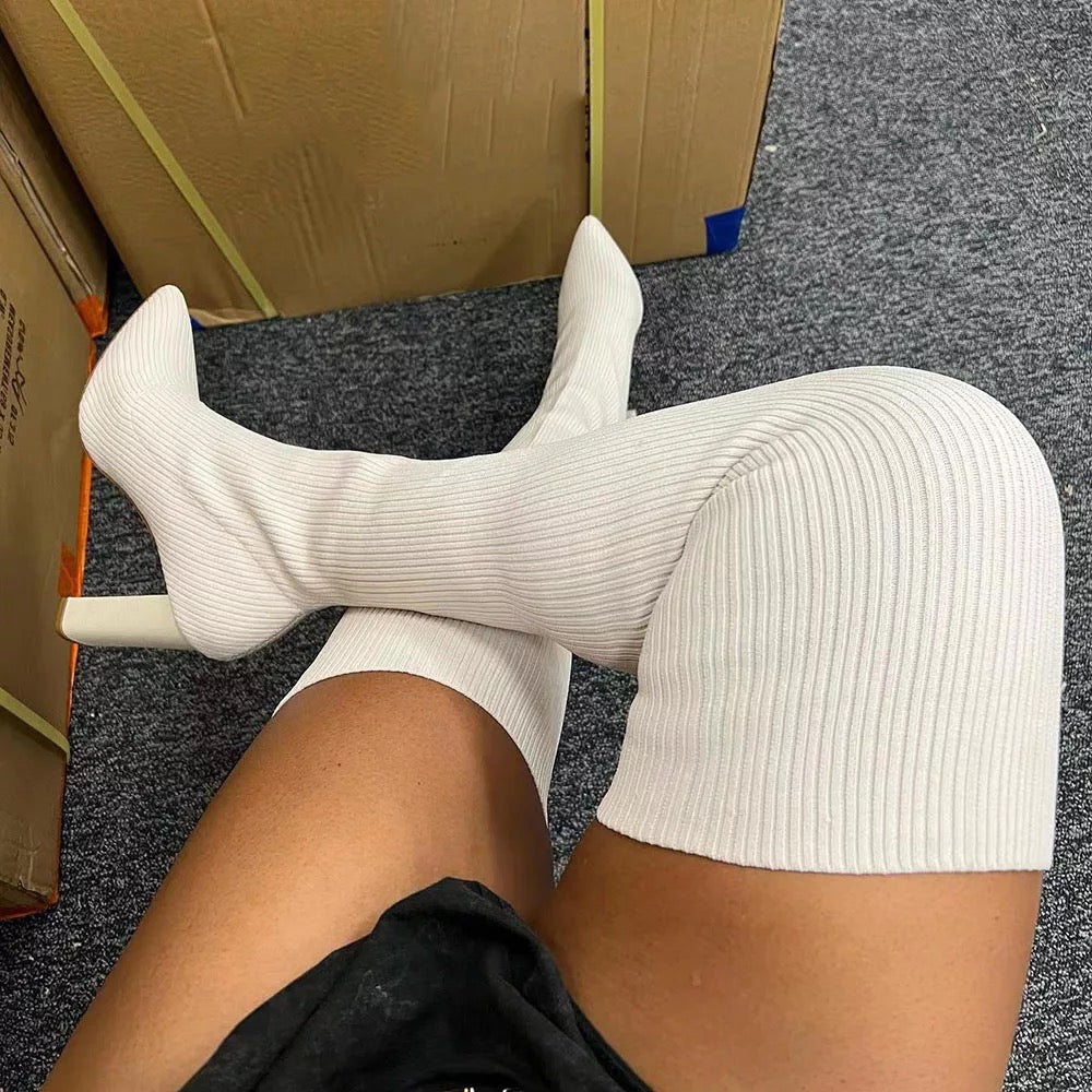 Botte haute à tricot stretch aux cuisses