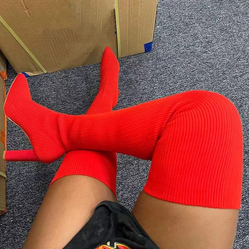 Botte haute à tricot stretch aux cuisses