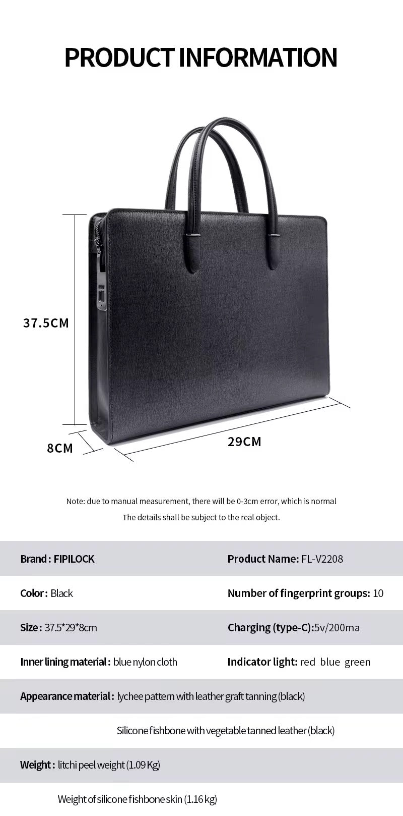 Sac à  main d’affaire intelligent en cuir véritable avec serrure à empreinte digitale